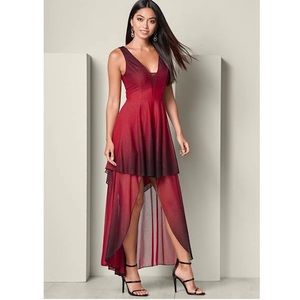 NWT Venus Red and Black Ombré Sheer Shimmer High Low Dress - Size 2